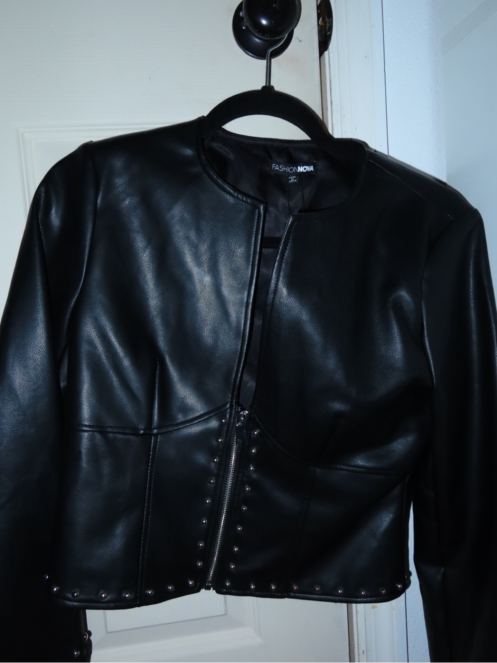 Fashion Nova Black Faux Leather Cropped Studded Jacket
